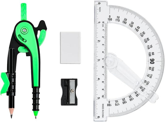 Vobou Compass and Protractor Set, 6 Inch Swing Arm Protractor (Dark Green) | Compasses for Math for Drafting, Sharpener, Eraser and 180 Degree 6 Inch Clear Protractor, Easy Grip, School Supplies
