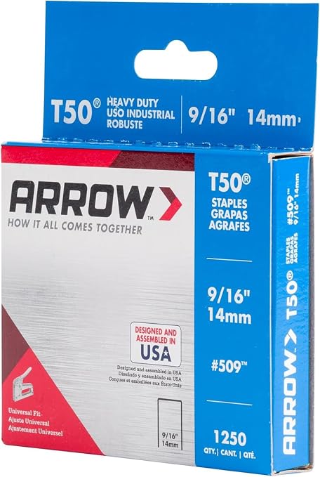 Arrow T50 9/16" Staples, 1250 Count | Heavy Duty, For Upholstery, Construction, Furniture, Crafts, Fit Arrow T50 Staple Guns, Hammer Tackers and Pneumatic Tools