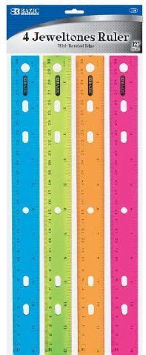 BAZIC Products 12 in Jeweltones Color Ruler, Inch & Metric, 4 Pack | Four Jeweltones color plastic ruler, 12 in (30 cm), clear inch and centimeter marks for measuring and drawing straight