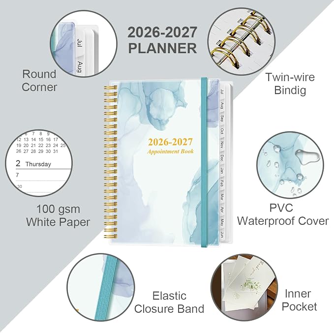 2026-2027 Appointment Book & Planner - Hourly Planner from July 2026 -June 2027, Weekly Appointment Book 26-27 with 30-Minute Interval, 6.4" x 8.5", Blue Watercolor