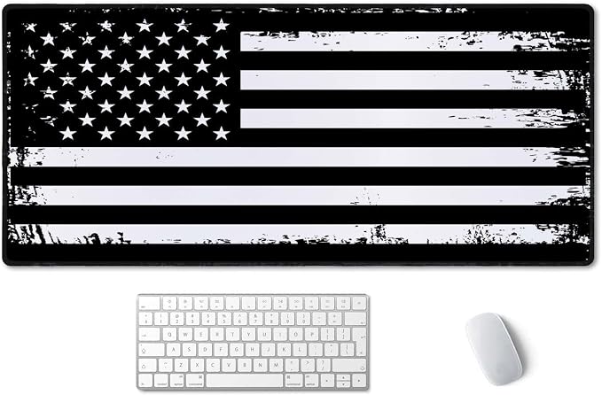 SSOIU Desk Mat, Extended Gaming Mouse Pad (35.5x15.7 in), Large Non-Slip Rubber Base Mousepad with Stitched Edges, Waterproof Keyboard Mouse Mat Desk Pad - Grunge American Flag USA Flag Black White