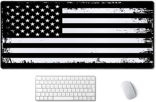 SSOIU Desk Mat, Extended Gaming Mouse Pad (35.5x15.7 in), Large Non-Slip Rubber Base Mousepad with Stitched Edges, Waterproof Keyboard Mouse Mat Desk Pad - Grunge American Flag USA Flag Black White