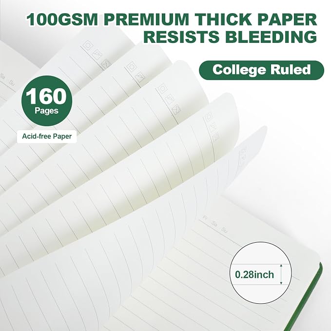 SUQJOY Lined Journal Notebooks, 6 Pack 160 Pages, 5.5x 8.2-Inch Journals for Women Men, Hardcover Notebook with 100 gsm Thick Paper, A5 Size College Ruled Notebook for Writing/Travel/Work (Green-6 Pack)