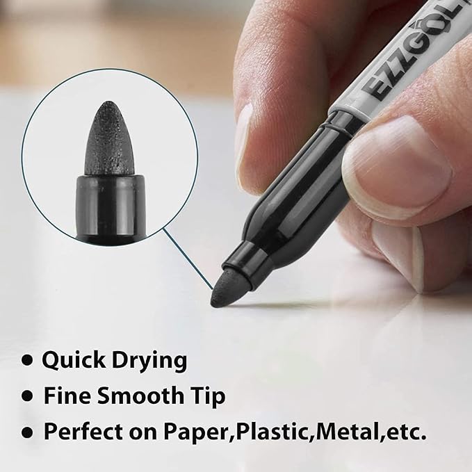 Ezzgol Permanent Markers Bulk, 72 Pack Black Permanent Marker Set, Fine Tip, Waterproof Markers, Premium Smear Proof Pens, Waterproof, Quick Drying, Office Supplies for School, Office, Home
