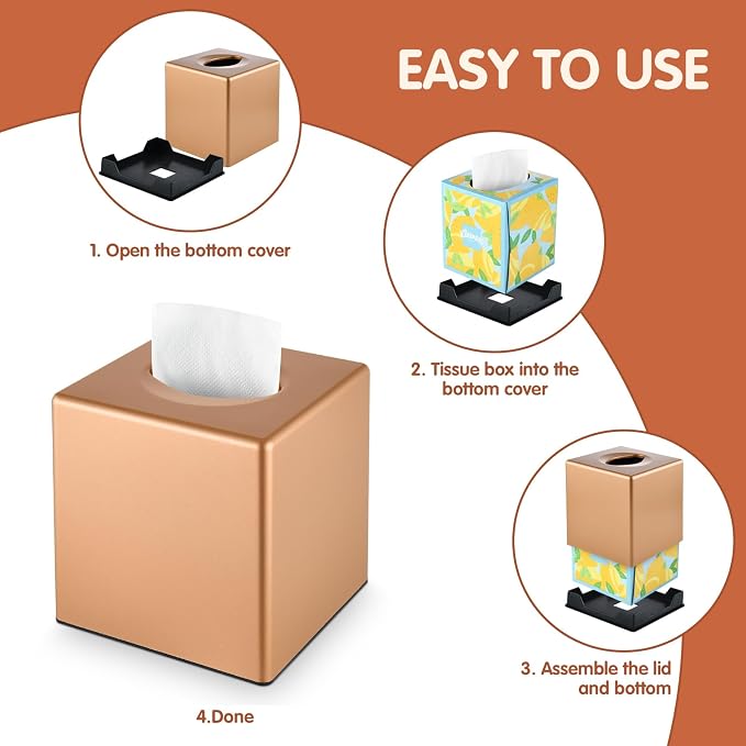 Y-in Hand Tissue Box Cover, Square Facial Cube Tissue Box Holder, Storage Accessories for Bathroom Vanity, Bedroom Countertops, Dressers, Night Stand, Parlors and Offices - Camel Rose Gold