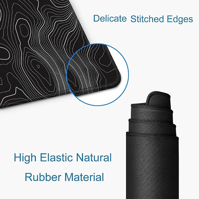 Gaming Mouse Pad, Large Topographic Mouse Pads for Desk, Non-Slip Rubber Base Mousepad, Keyboard Mouse Mat, Desk Pad with Stitched Edges, 31.5x11.8inch, Black Geographic Lines