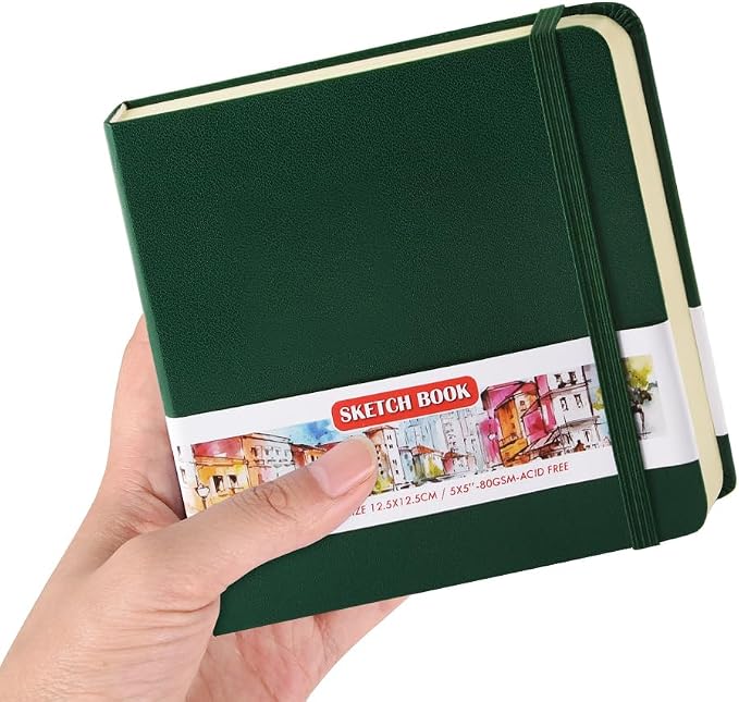 5x5" Pocket Sketch Book,80gsm Hardcover Art Sketchbook for Drawing Journal | PU Cover,Blank Paper,96Sheets/192Pages,Lay-Flat,Portable Travel Creation Paint Diary Memo Planner,Dry Media.Dark Green