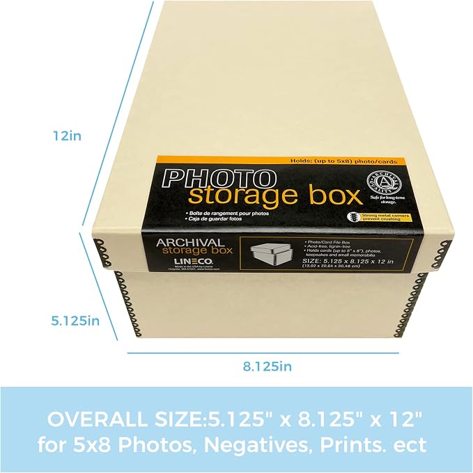 Lineco Archival Photo Card Box, Museum-Quality, 5x8x12 Inch, Tan, 2 Pack | Acid-Free with Removable Lid, Metal-Edge Corner, Bulk Storage and Preservation for Negatives, Prints, Films, Photos, Snapshot