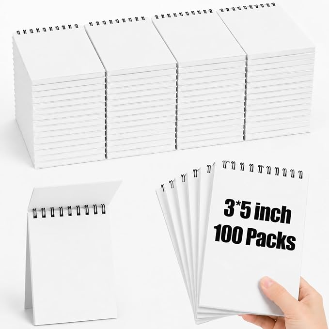 Watersay 100 Pack Small Spiral Notebook Bulk, 3x5 Pocket Notepads,White | Memo Pads, Mini Blank Sketchbook, for School Office Grocery Shopping Lists, Back to School Gift, Students Rewards, 50 Sheets