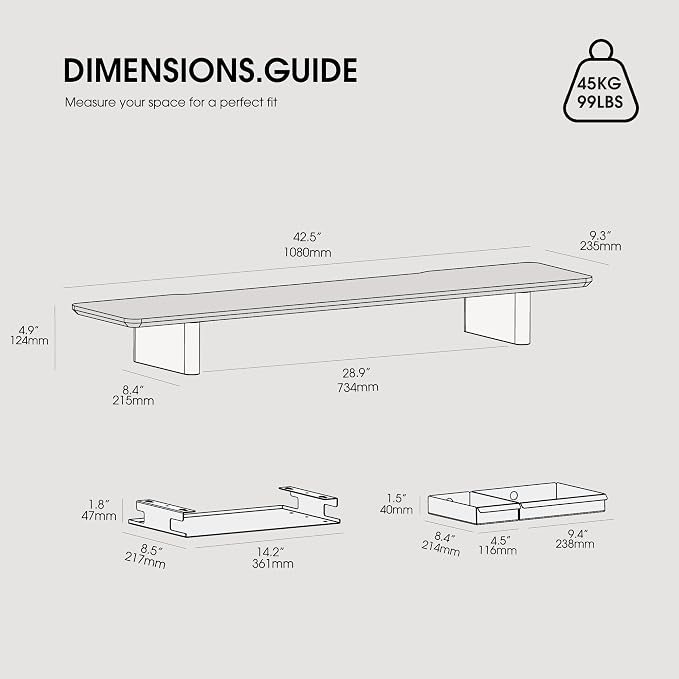 Fenge 42.5" Monitor Stand with Storage Drawers, Minimalist Monitor Riser with Solid Ash Legs and Cable Management, Wooden Desk Shelf for Home Office Workspaces, Brown