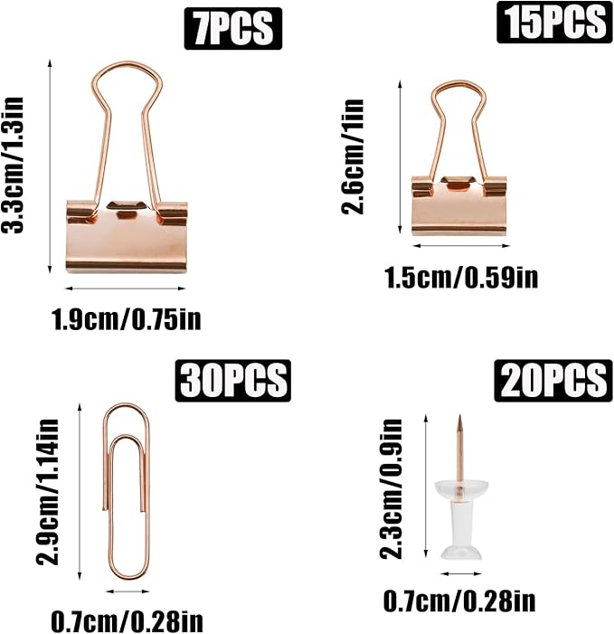 Office Supplies Set, Paper Clips, Push Pins and Binder Clips Set with Box for Office, School and Home(Rose Gold)