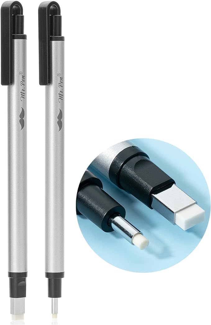 Mr. Pen- Pen Style Eraser Set, 2 Pack, Square & Round Tip | Precision Pencil Erasers, Retractable Silver Eraser Pens for Drawing, Sketching, Detail Correction, Office & School Supplies