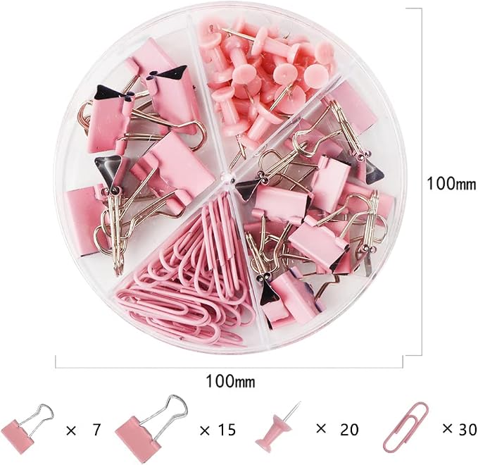 Paper Binder and Clips Set, Metal Assorted Sized Binders with Push Pins, Cute Office Supplies, Teacher Desk Must Haves, Cute Desk Accessories,Pink, 1 Pack