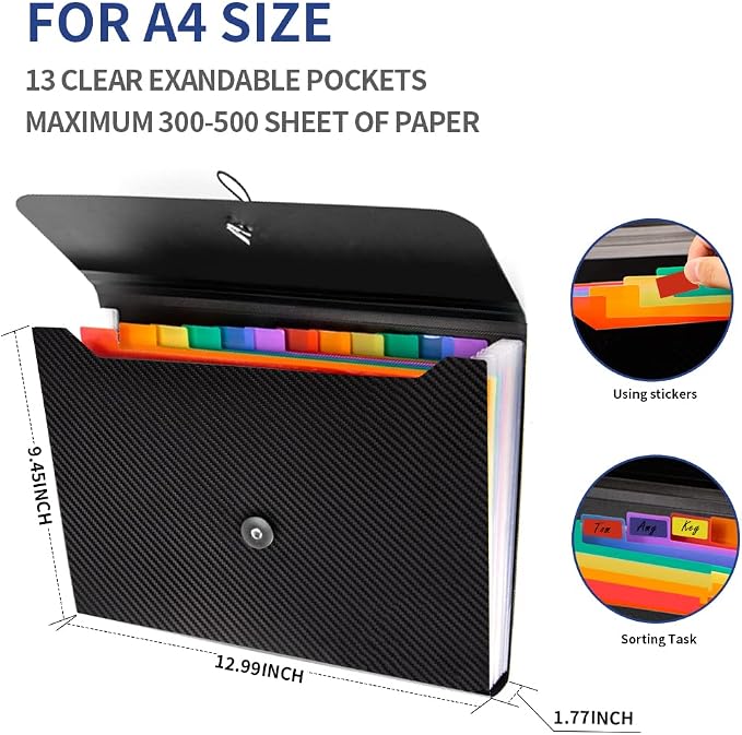 2Pcs Expanding File Folder, 13 Pockets Accordion File Holder Organizer, A4 Letter Size Paper Document Receipt Organizer Accordian Filing Folder for Classroom, Home, Office and Travel