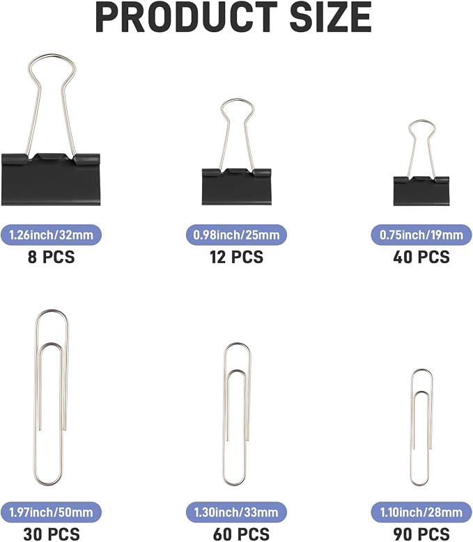 240PCS Black Assorted Size Paper Clips and Binder Clips, Paperclips Large Medium Small, Binder Clip and Paper Clip Set for Home, School, and Office Supplies in a Container with Compartments