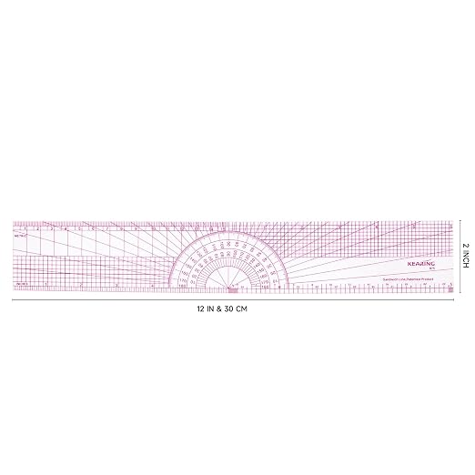 KEARING 12" 30cm Graph Ruler with Protractor - Dual Pattern Grading Tool | Clear 1.2mm flexible plastic grid ruler with built-in protractor. Dual metric imperial sandwich line scales