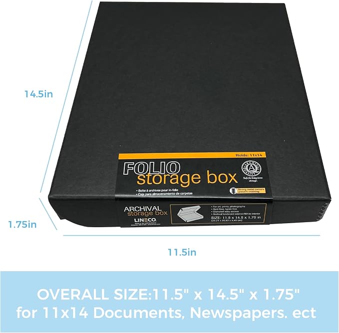 Lineco Clamshell Archival Storage Box, 11x14x1.75 Inch, Black | Acid-Free with Metal Edge Boxboard, Organize and Store Photos Documents Cards Negatives Magazine Prints Family Records DIY