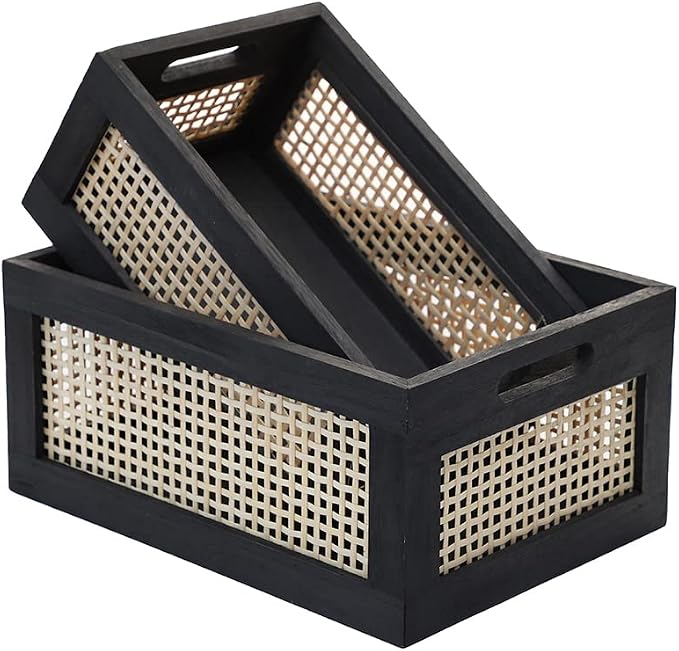 Wood Baskets, Rattan Storage Baskets for Organizing, Black, Set of 2