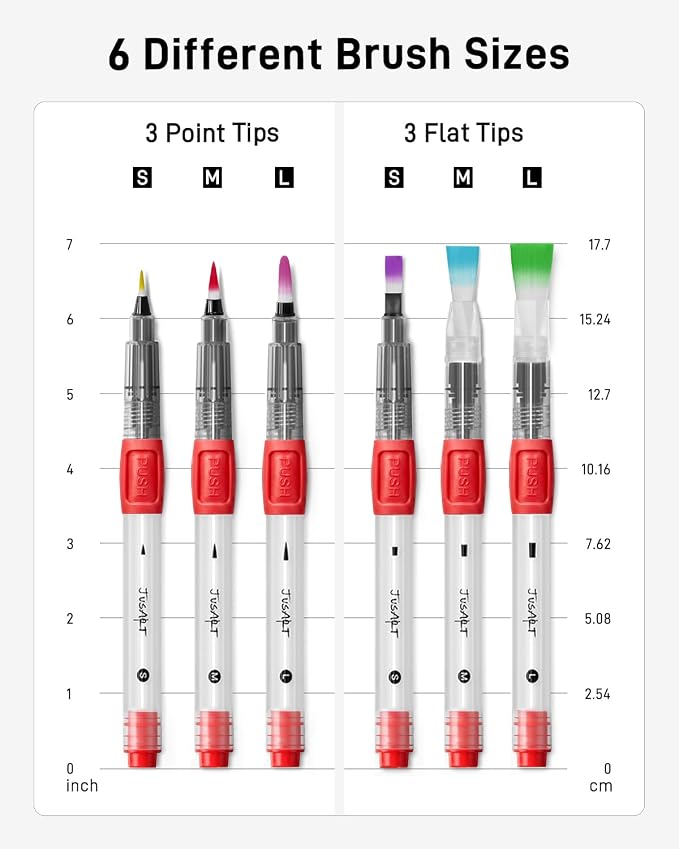 JusArt Water Brush Pens 6-Pack Leak-Proof Refillable Watercolor Pens for Acrylic and Gouache Painting - Includes Pointed & Flat Tip Styles - Portable Water Brushes for Artists, Beginners, Adults
