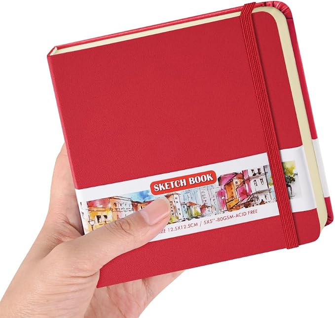 5x5" Pocket Sketch Book,80gsm Hardcover Art Sketchbook for Drawing Journal | PU Cover,Blank Paper,96Sheets/192Pages,Lay-Flat,Portable Travel Creation Paint Diary Memo Planner,Dry Media.Red