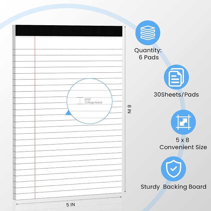 6pcs Small Note Pads, White Notepads 5x8 College Ruled Notebook, Writing Pads 5 x 8, Legal Pads, Pad Paper Perforate Notebooks for Work, Message, School, Office Supplies,30 Sheets/Pack