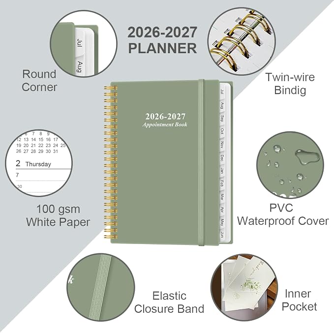 2026-2027 Appointment Book & Planner - Hourly Planner from July 2026 - June 2027, Weekly Appointment Book 2026-2027 with 30-Minute Interval, 6.4" x 8.5", Green