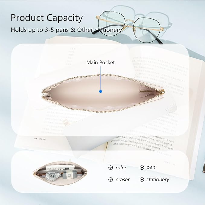 Faux Leather Pencil Case Slim Pencil Pouch Durable Zipper Stationery Bag Small Travel Use（Beige/FL）