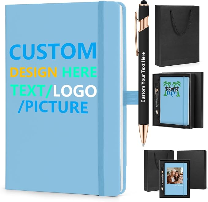 ENOMY Personalized Notebook Writing Set A5 Journal PU Leather Custom Notebook 200 Lined Pages Business Notebook with Metal Pen Gift Box for Holiday College Birthday Business Gift, Sky Blue