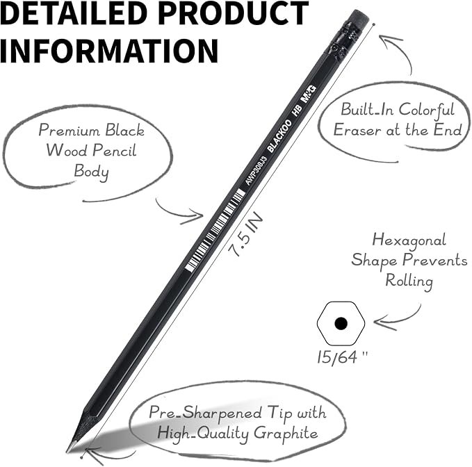 M&G BLACKOO Series HB Wood-Cased Pencils, 24-Pack Pre-Sharpened with Top Erasers, Bulk Black Pencils for School, Teachers, Writing, Drawing and Sketching (Black)