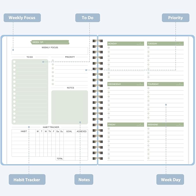 Undated Weekly Planner, Weekly To Do List Notebook, A5 Daily Planner | Office School Supplies, Spiral Binding, Inner Pocket, Goal, Organizer, Habit Tracker
