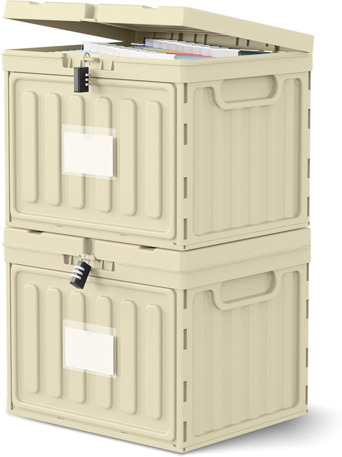 Oterri Lockable Plastic File Box with Lid – Hanging File Folder Organizer for Letter Size Documents, Stackable Storage for Home Office, School, and Desk (Khaki, Large-2 Pack Without Folders)