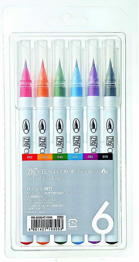 Kuretake ZIG Clean Color Real Brush Pens, 6 Colors with Flexible Brush Tips, Watercolor Pens for Painting, Drawing, Calligraphy and Brush Lettering for Artists and Beginner Painters, Made in Japan