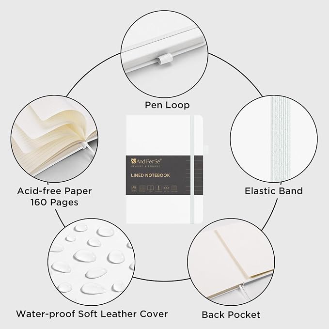&And Per Se Lined Journal Notebook, 160 Pages, A5 5.7 x 8 inches College Ruled Thick Paper Notebook Journals for Writing, Hardcover Notebooks for Women Men Office School (1 Pack, White)