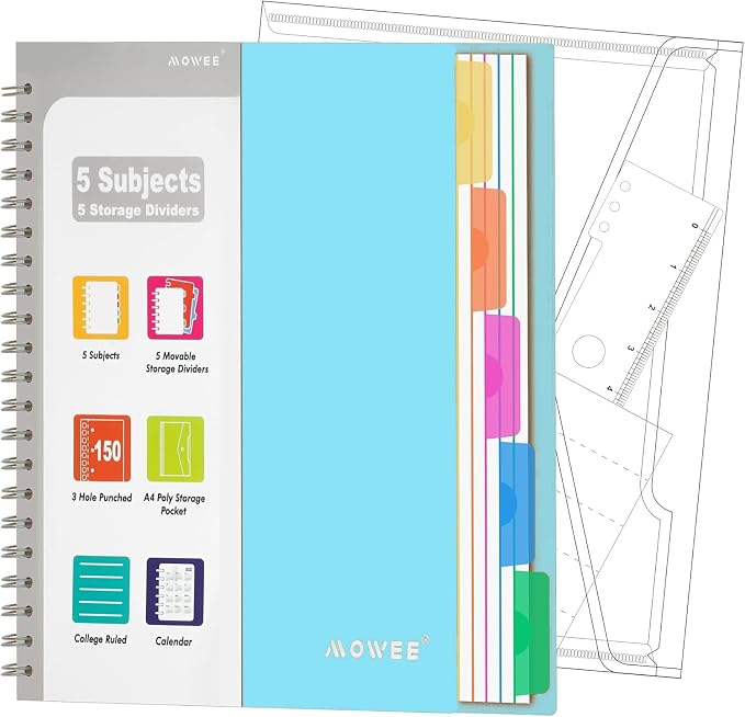 5-Subject Spiral Notebook, College Ruled, with Pocket & Tab Dividers | 300 Pages, 11" Ruler, 8.5"x11" Babyblue, Pocket Dividers with Tab Labels, for Writing Journal, Home, Office & School Supplies
