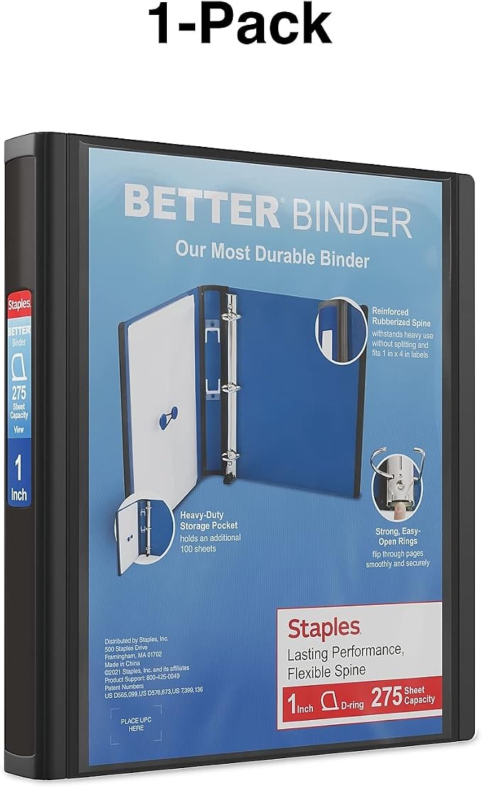 Staples Better Binder, 1" Heavy‑Duty D‑Ring Binder, Black, Reinforced Spine, Holds 275 Sheets, Reliable 3‑Ring Binder for School, Office, Projects, 3‑Pack