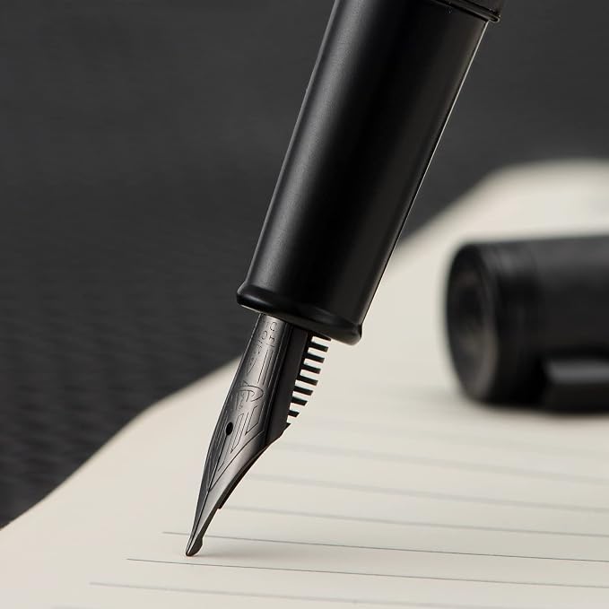 HONG DIAN 1861 Fountain Pen, Long Blade Nib, Black Carbon Fiber Design with Converter and Metal Pen Case Set