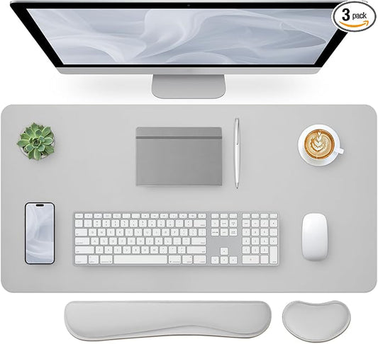 Bloss Leather Desk Pad and Keyboard Wrist Rest, Large Mouse Pad + Keyboard Pad+Mouse Wrist Support, Non-Slip Desk Mat Protector for Office, Home(35.4×15.7 Inches, Light Grey)