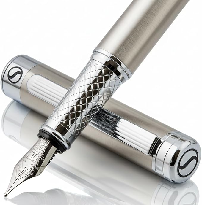 Scriveiner Stainless Steel Fountain Pen - Stunning Luxury Pen with Steel Finish, Schmidt Steel Nib (Medium), Pen Gift Set for Men & Women, Professional, Executive Office, Nice Designer Pens