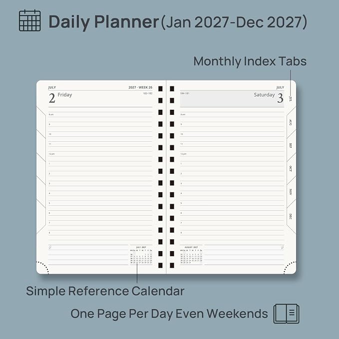POPRUN 2027 Daily Planner One Page Per Day, 5.75" x 8.5", Calendar Book from Jan 2027 - Dec 2027, Hardcover Appointment Book with Hourly Time Slots, Spiral Bound, Monthly Tabs - Navy Blue