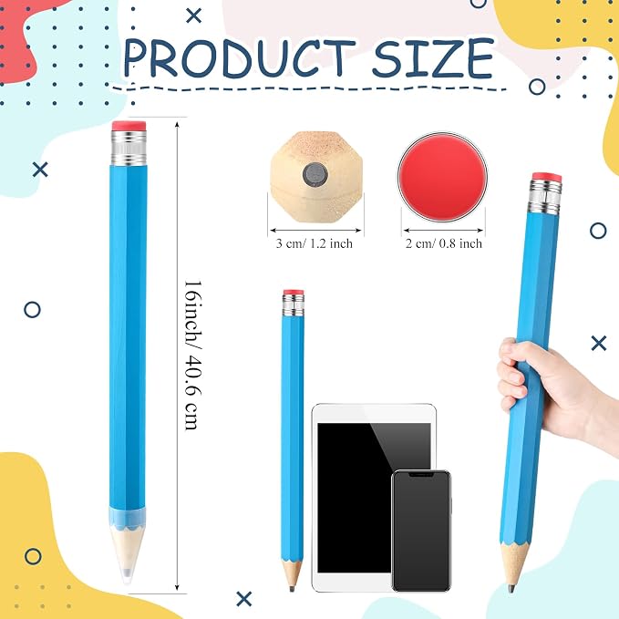 Back to School Gifts for Students 2 Pcs 16 Inch Giant Pencils Wooden Jumbo Pencils Prop Decor Funny with Cap Eraser Large Fun Novelty Gifts for Kids School Kindergarten Home Office(Blue)
