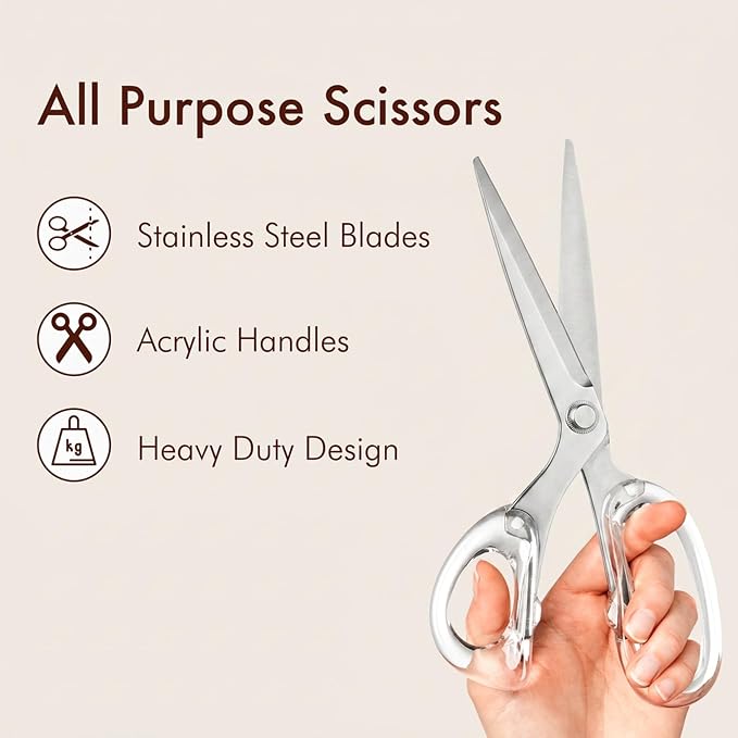 OfficeGoods 9” Stainless Steel Acrylic Scissors for Office and Home - Aesthetic and Sharp All Purpose Scissors, Perfect for Sewing, Arts and Crafts - Silver