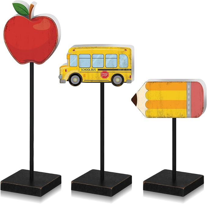 3 Pcs Back to School Table Decorations Wooden Pencil Apple Bus Sign Back to School Tabletop Centerpieces Farmhouse Wood Gifts Desktop Decor for The First Day Home Tiered Tray