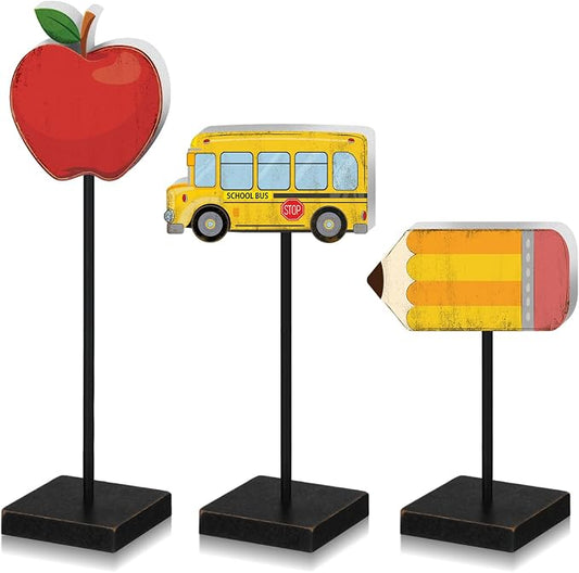3 Pcs Back to School Table Decorations Wooden Pencil Apple Bus Sign Back to School Tabletop Centerpieces Farmhouse Wood Gifts Desktop Decor for The First Day Home Tiered Tray