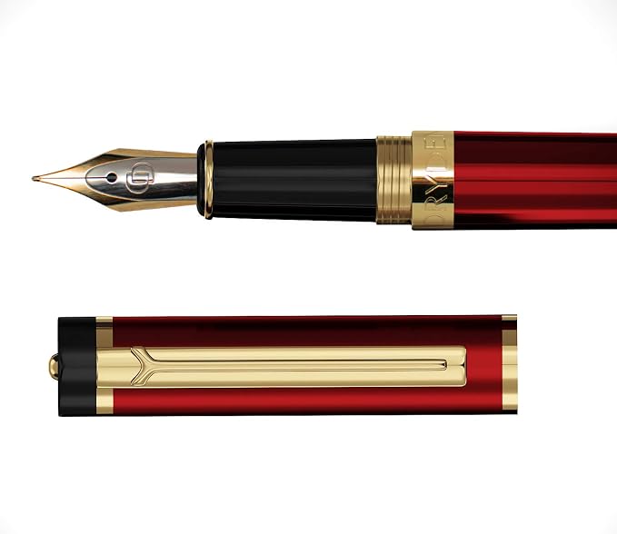 Dryden Designs Fountain Pen - Medium and Fine Nibs | Includes Luxury Box, Ink Cartridges - 3 Black 3 Blue and Ink Refill Converter - Royal Red