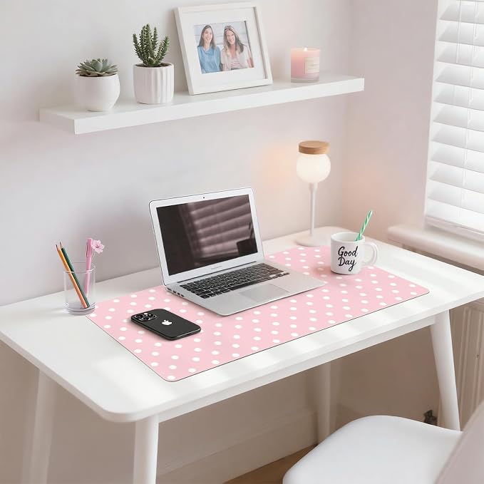 White Polka Dot Leather Desk Mat Extended Gaming Mouse Pad | Non-slip Large Writing Pad Laptop Blotter Computer Keyboard Mat | Cute Pink Desk Protector for Home Office 23.6" x 11.8"