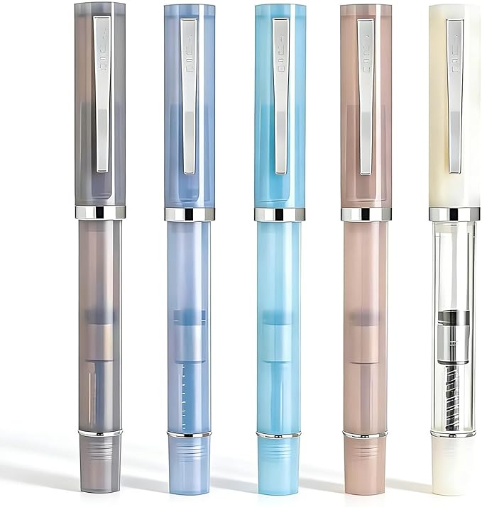 5-Pack Jinhao 58D Fountain Pen Set, Transparent Resin 0.5mm Fine Nib | Transparent Resin Fountain Pens With Converter & Pen Pouch. Ergonomic Design For Daily Office, Journaling & School Use.