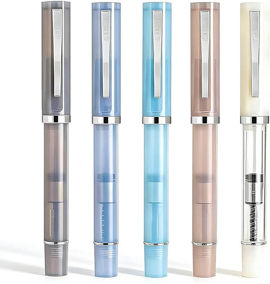 5-Pack Jinhao 58D Fountain Pen Set, Transparent Resin 0.5mm Fine Nib | Transparent Resin Fountain Pens With Converter & Pen Pouch. Ergonomic Design For Daily Office, Journaling & School Use.