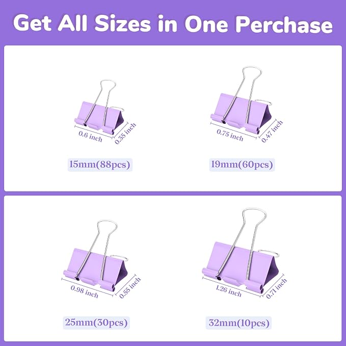Temiary 188 Pcs Binder Clips with Container, Assorted 4 Sizes Clamp, Purple | 0.6 & 0.75 & 0.98 & 1.26 Inch Metal Binder Clip in One Pack, Paperwork Clamp Bulk for Office, Home, School