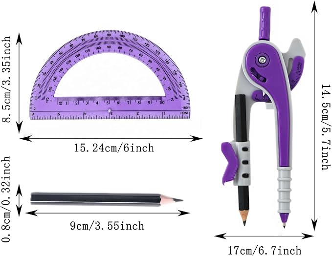 Vobou Compass for Geometry Set, 6 Inch Protractor, Clear Plastic (Purple) | 6 Inch Compass, Sharpener and Eraser, Easy Grip, Drafting Tool for Scool, Art, Drawing Precision Design for Math