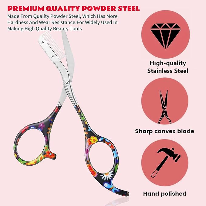 Eyebrow Scissors With Comb, Facial Grooming Scissors Kit, Professional Precision Eyebrow Trimmer Scissors,Perfect For Gifts For Women and Men (Black Flower)